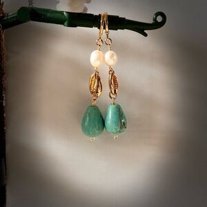 Seashell Gold, pearl and Turquoise Teardrop Earrings